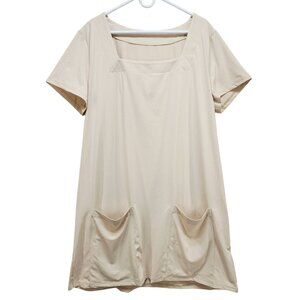 Beige Womens Short-Sleeve Square-Neck Dress With Pockets Size 2XL